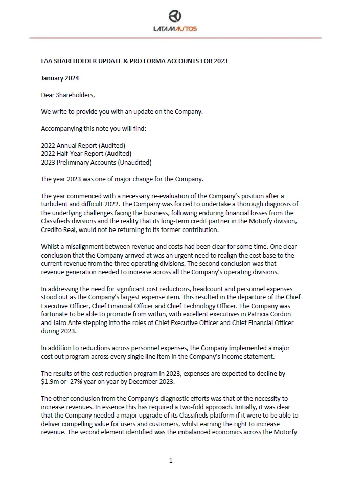 LAA Shareholder Update